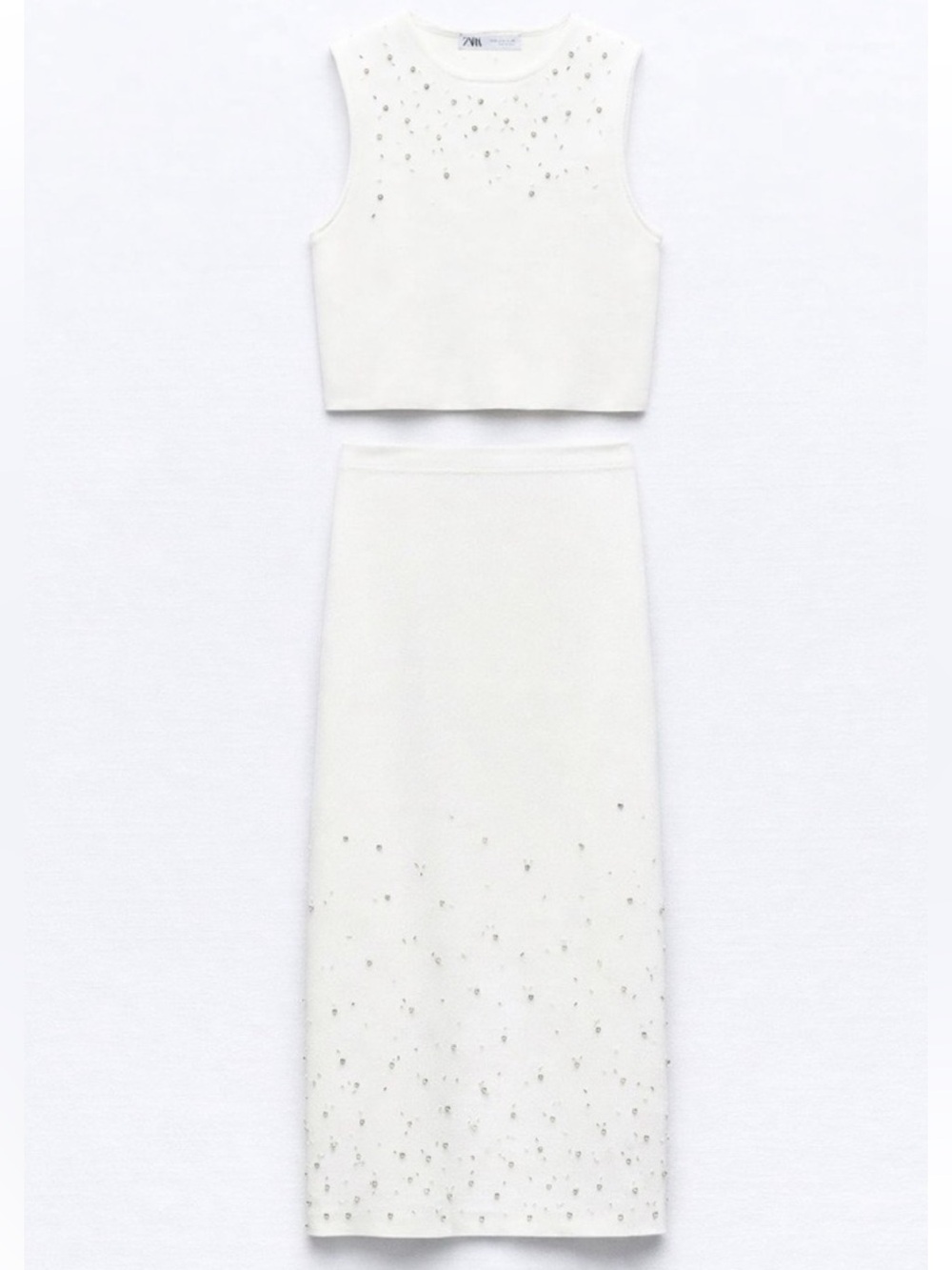 Zara White Embellished Knit Crop Top and Midi Skirt Set